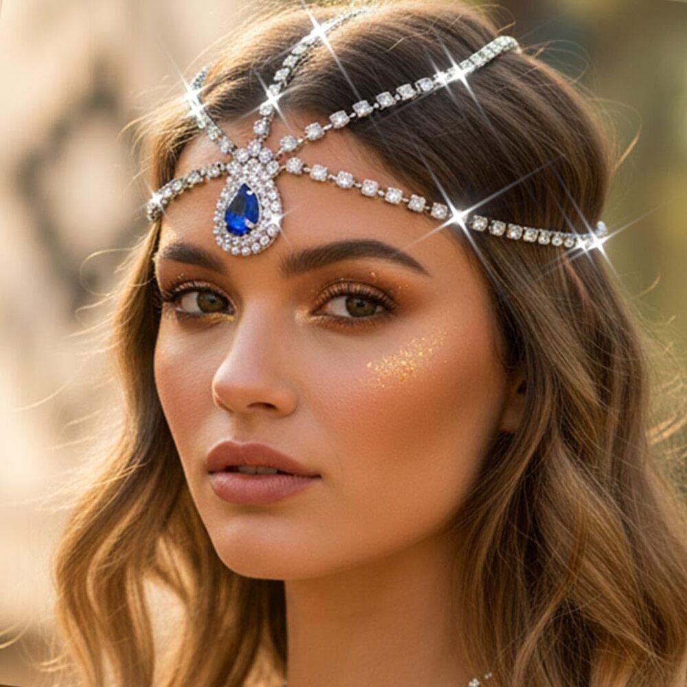 1954 Crystal Silver Head Chain Blue Rhinestone Headbands Sparkly Boho